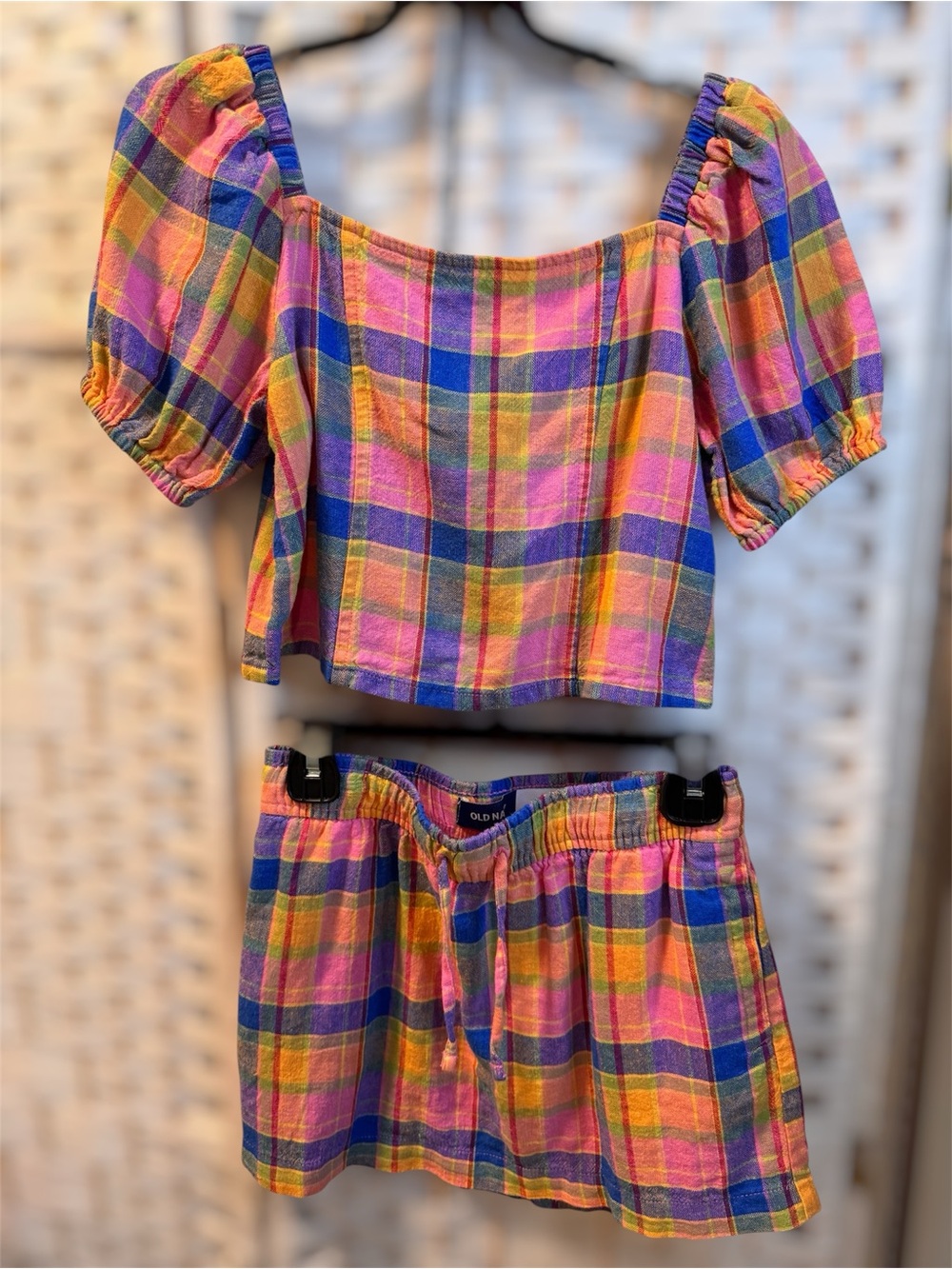 Old Navy Pink Yellow Blue Plaid Puff-Sleeve Crop Top